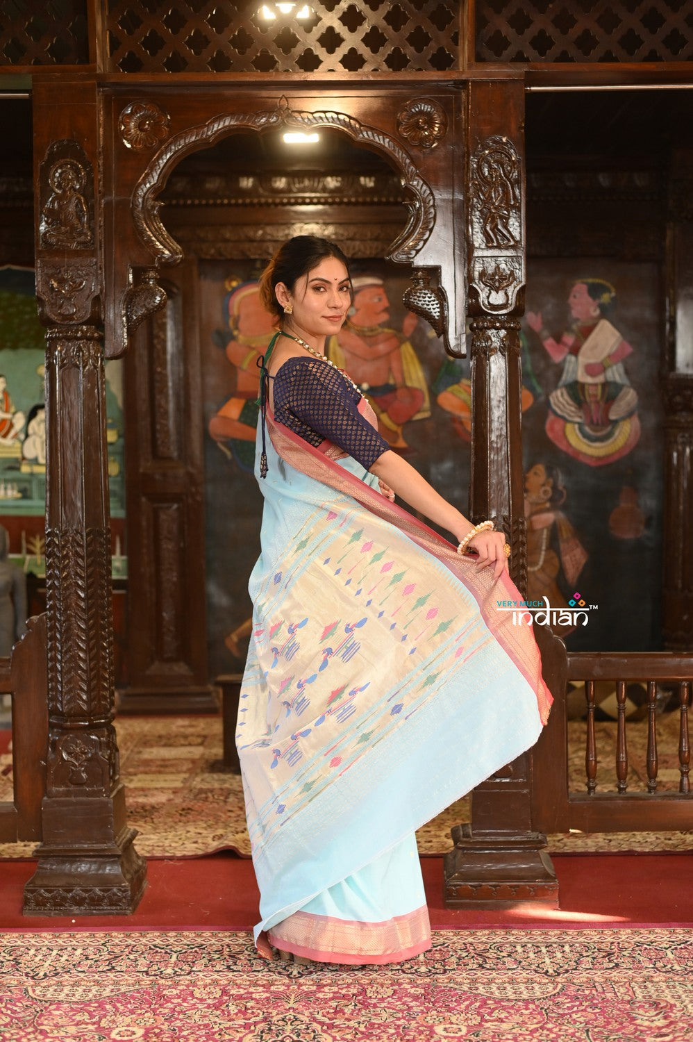 Very Much Indian Authentic Handloom Pure Cotton Paithani with Handcrafted Double Pallu - Powder Blue and Red Border | Grocsy