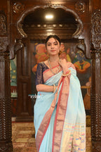 Very Much Indian Authentic Handloom Pure Cotton Paithani with Handcrafted Double Pallu - Powder Blue and Red Border | Grocsy