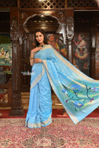 Very Much Indian Authentic Handloom Pure Cotton Paithani with Handcrafted Peacock Pallu - Sky Blue | Grocsy