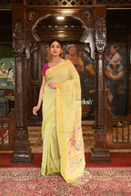 Very Much Indian Authentic Handloom Pure Cotton Paithani with Handcrafted Asawali Pallu - Lime Yellow | Grocsy