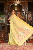 Very Much Indian Authentic Handloom Pure Cotton Paithani with Handcrafted Asawali Pallu - Lime Yellow | Grocsy