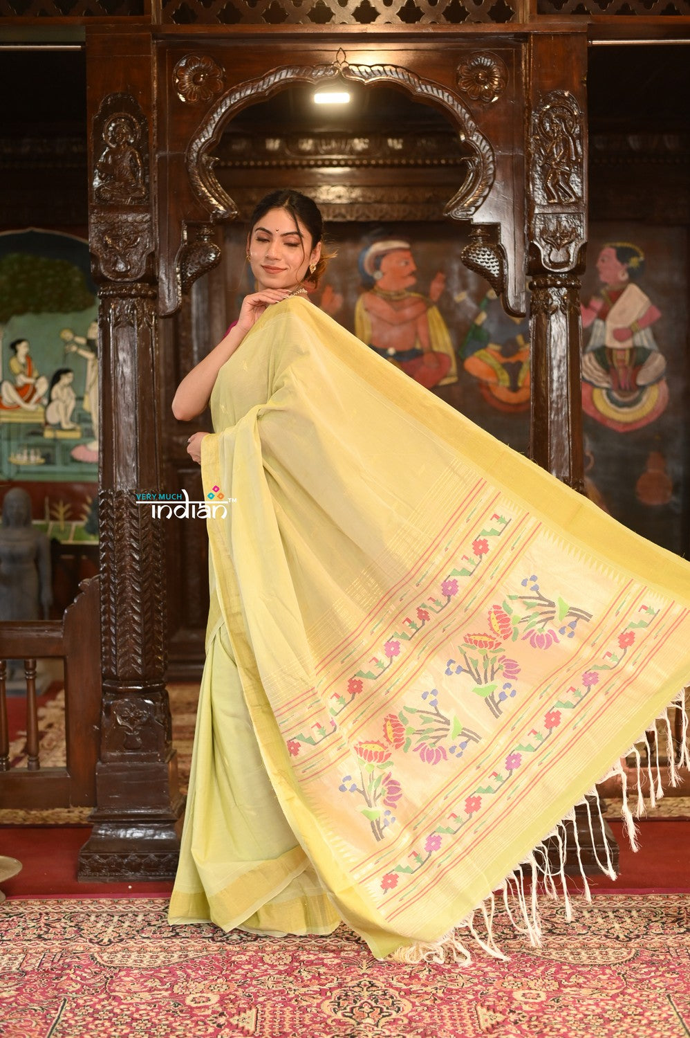 Very Much Indian Authentic Handloom Pure Cotton Paithani with Handcrafted Asawali Pallu - Lime Yellow | Grocsy