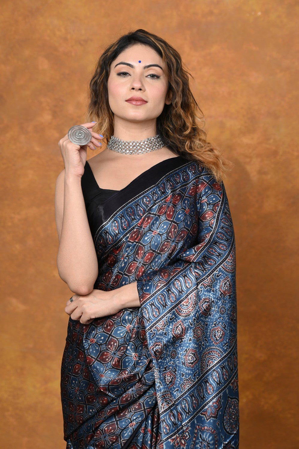 Very Much Indian Handloom Modal Silk Saree With Ajrakh Handblock Print With Eco-Friendly Vegetable Dye - Blue | Grocsy