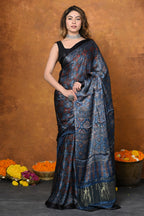 Very Much Indian Handloom Modal Silk Saree With Ajrakh Handblock Print With Eco-Friendly Vegetable Dye - Blue | Grocsy
