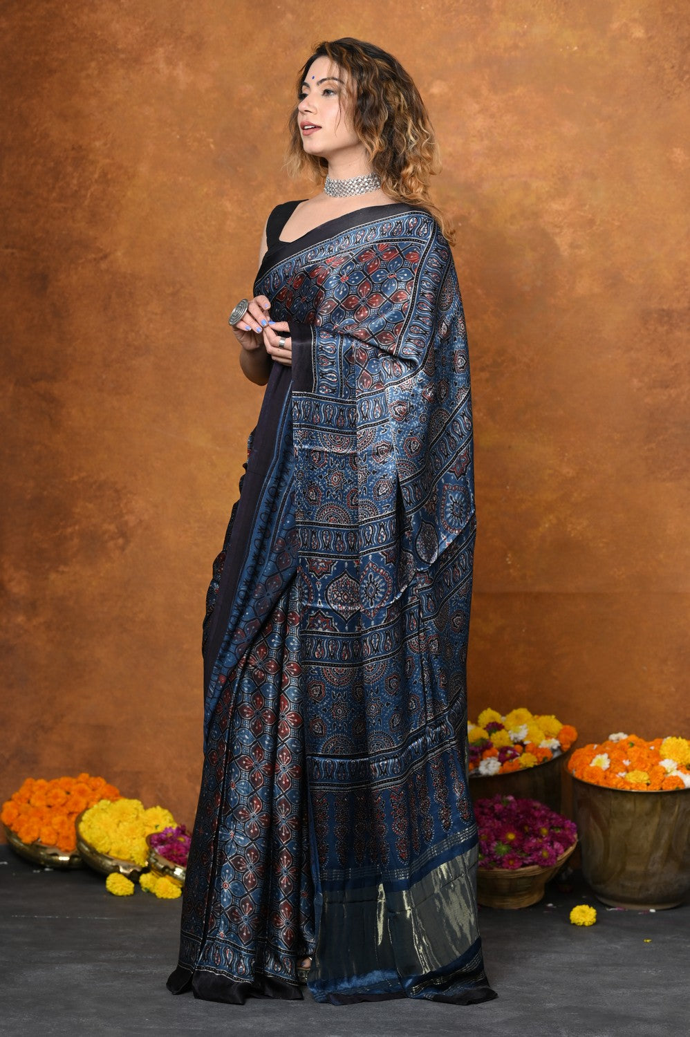 Very Much Indian Handloom Modal Silk Saree With Ajrakh Handblock Print With Eco-Friendly Vegetable Dye - Blue | Grocsy