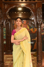 Very Much Indian Authentic Handloom Pure Cotton Paithani with Handcrafted Asawali Pallu - Lime Yellow | Grocsy