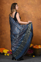 Very Much Indian Handloom Modal Silk Saree With Ajrakh Handblock Print With Eco-Friendly Vegetable Dye - Blue | Grocsy