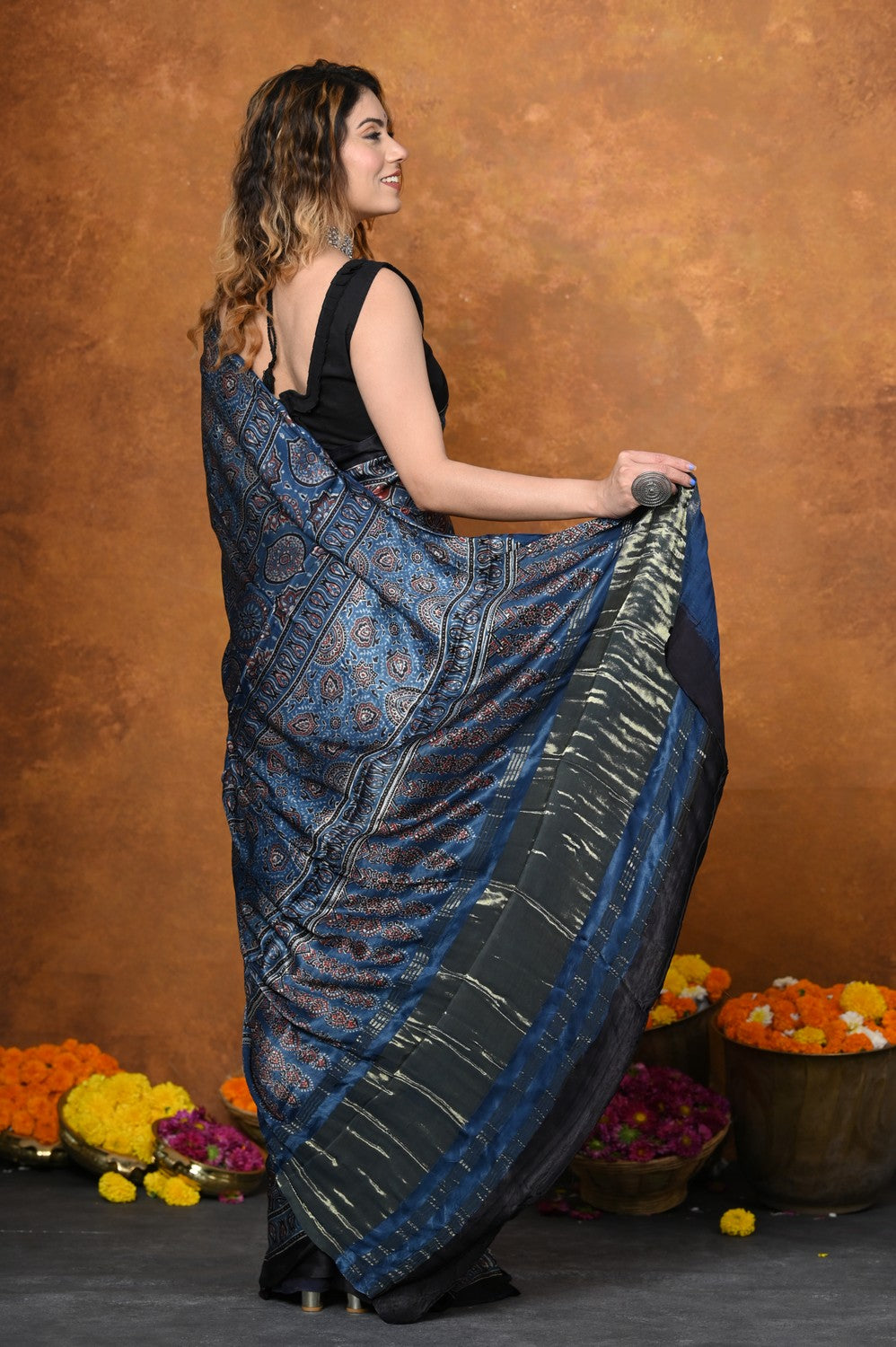 Very Much Indian Handloom Modal Silk Saree With Ajrakh Handblock Print With Eco-Friendly Vegetable Dye - Blue | Grocsy