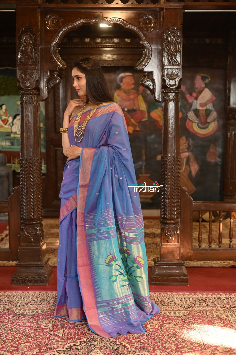 Very Much Indian Authentic Handloom Pure Cotton Paithani with Handcrafted Lotus Pallu - Dual Tone Purple and Pink | Grocsy