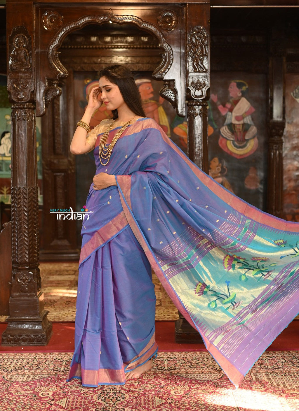 Very Much Indian Authentic Handloom Pure Cotton Paithani with Handcrafted Lotus Pallu - Dual Tone Purple and Pink | Grocsy