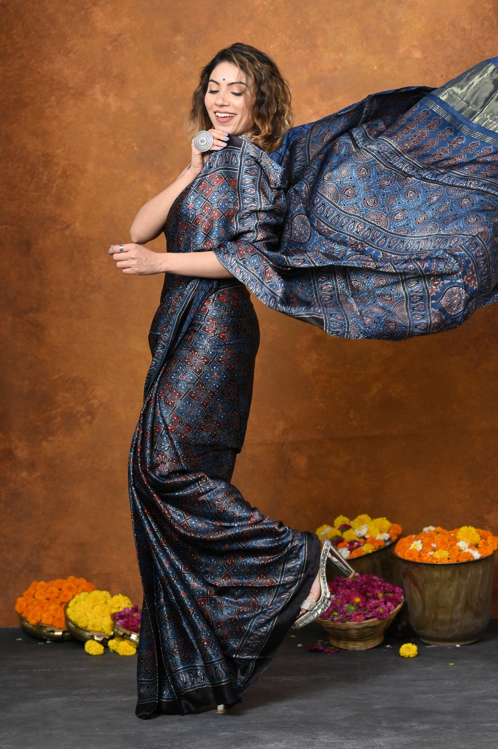 Very Much Indian Handloom Modal Silk Saree With Ajrakh Handblock Print With Eco-Friendly Vegetable Dye - Blue | Grocsy