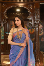 Very Much Indian Authentic Handloom Pure Cotton Paithani with Handcrafted Lotus Pallu - Dual Tone Purple and Pink | Grocsy