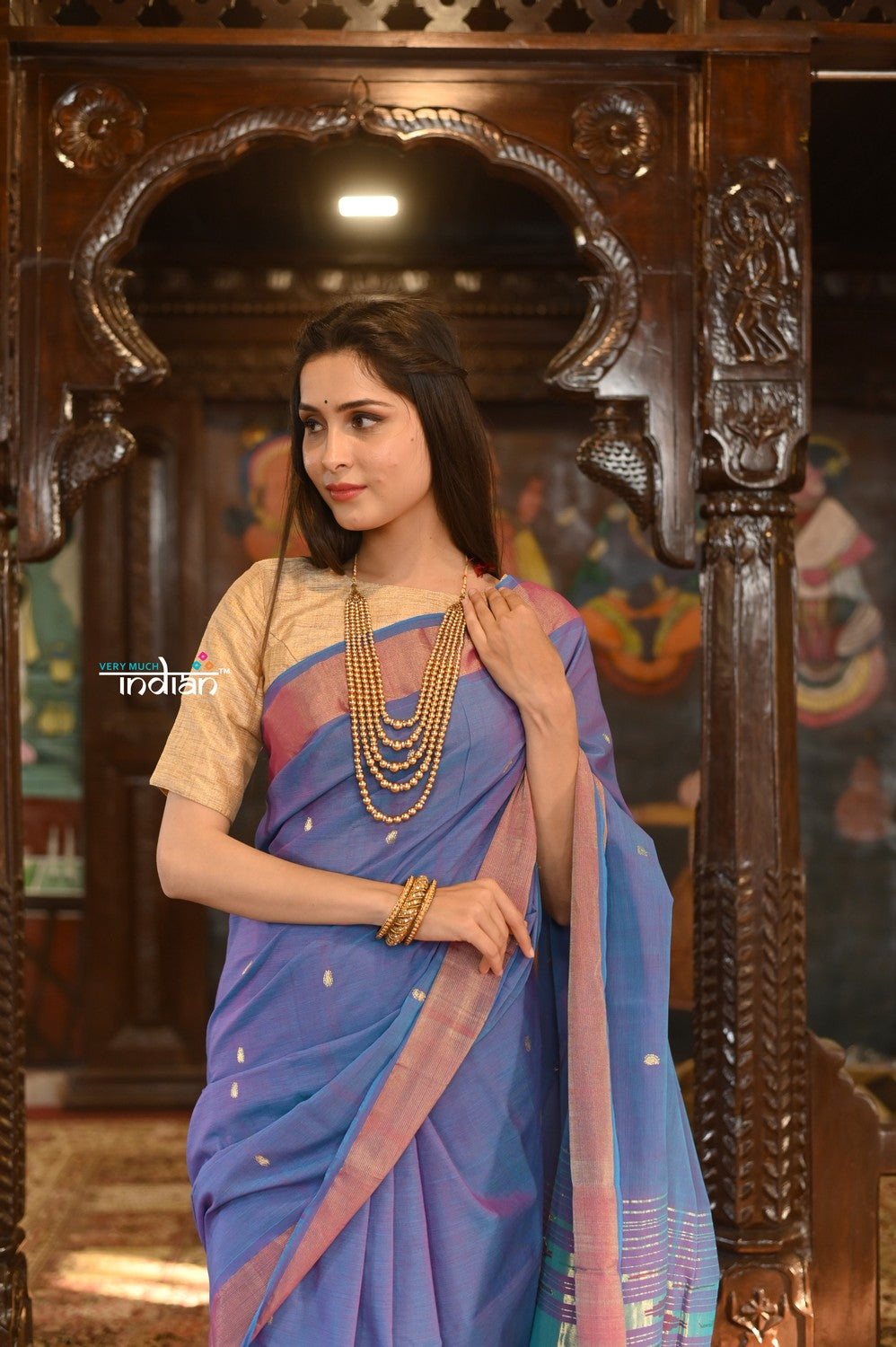 Very Much Indian Authentic Handloom Pure Cotton Paithani with Handcrafted Lotus Pallu - Dual Tone Purple and Pink | Grocsy
