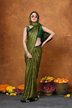 Very Much Indian Handloom Modal Silk Saree With Ajrakh Handblock Print With Eco-Friendly Vegetable Dye - Green | Grocsy