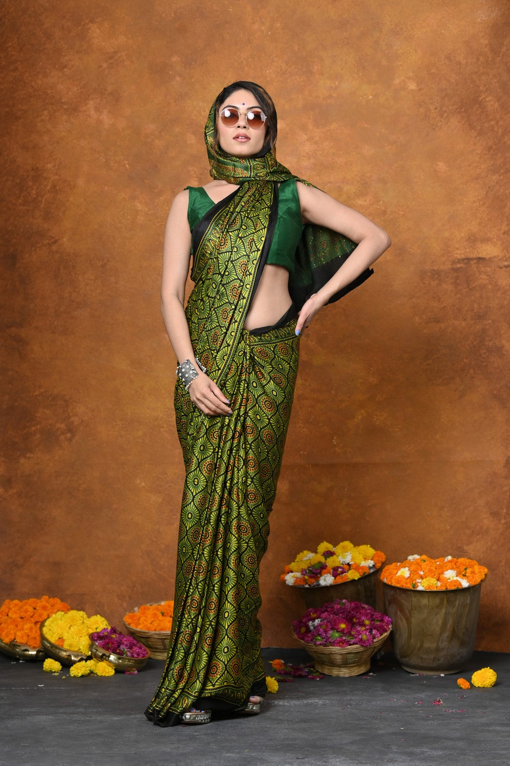 Very Much Indian Handloom Modal Silk Saree With Ajrakh Handblock Print With Eco-Friendly Vegetable Dye - Green | Grocsy