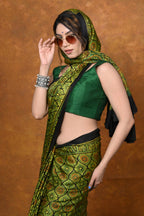 Very Much Indian Handloom Modal Silk Saree With Ajrakh Handblock Print With Eco-Friendly Vegetable Dye - Green | Grocsy