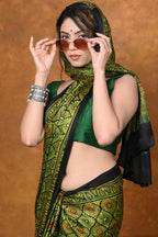 Very Much Indian Handloom Modal Silk Saree With Ajrakh Handblock Print With Eco-Friendly Vegetable Dye - Green | Grocsy