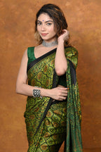 Very Much Indian Handloom Modal Silk Saree With Ajrakh Handblock Print With Eco-Friendly Vegetable Dye - Green | Grocsy