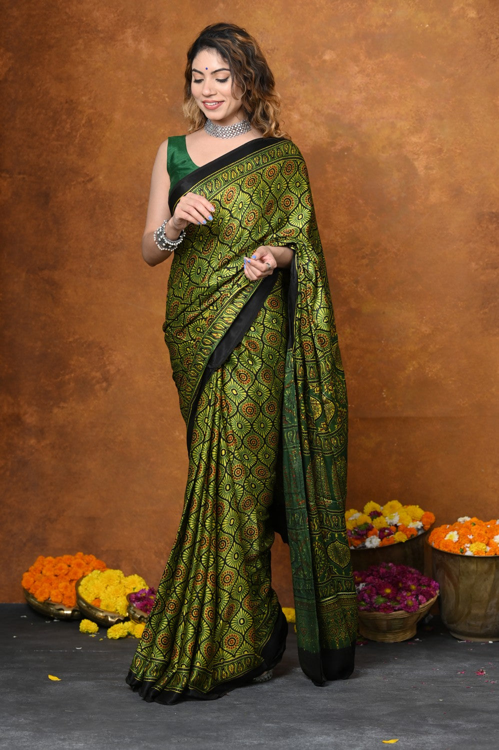Very Much Indian Handloom Modal Silk Saree With Ajrakh Handblock Print With Eco-Friendly Vegetable Dye - Green | Grocsy