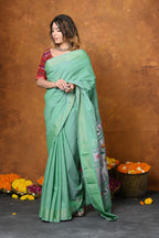 Very Much Indian EXCLUSIVE! Handloom Pure Cotton Paithani With Asawali Pallu - Sea Green | Grocsy