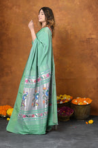 Very Much Indian EXCLUSIVE! Handloom Pure Cotton Paithani With Asawali Pallu - Sea Green | Grocsy
