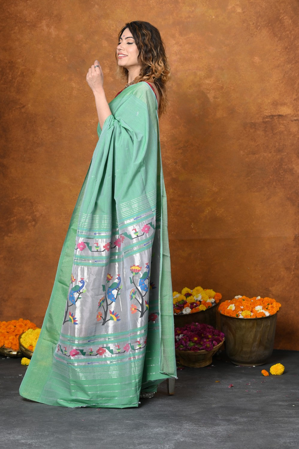 Very Much Indian EXCLUSIVE! Handloom Pure Cotton Paithani With Asawali Pallu - Sea Green | Grocsy