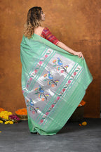 Very Much Indian EXCLUSIVE! Handloom Pure Cotton Paithani With Asawali Pallu - Sea Green | Grocsy