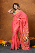 Very Much Indian EXCLUSIVE! Handloom Pure Cotton Paithani With Asawali Pallu - Pink Peach | Grocsy