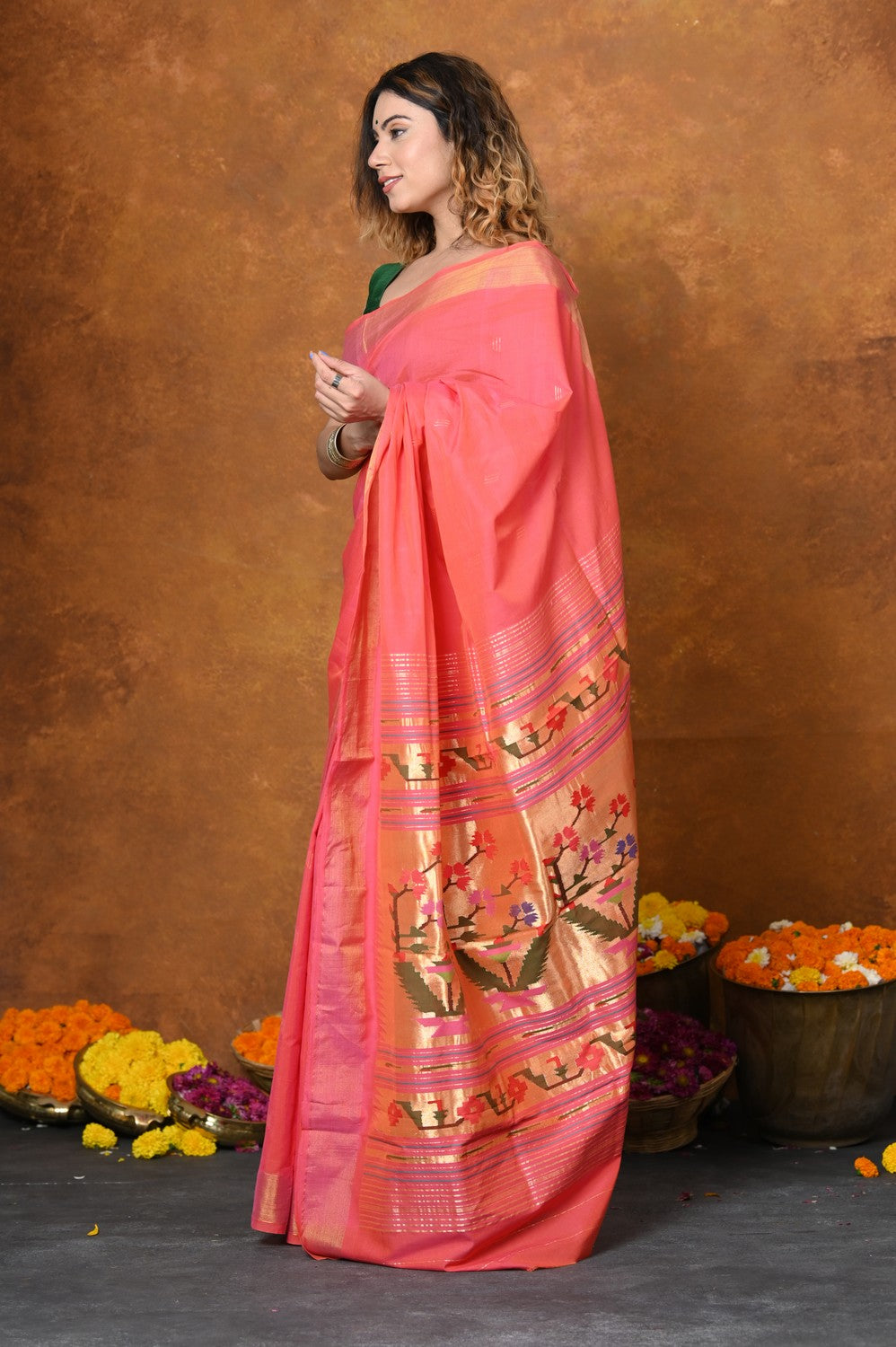 Very Much Indian EXCLUSIVE! Handloom Pure Cotton Paithani With Asawali Pallu - Pink Peach | Grocsy