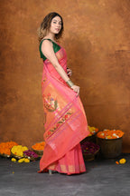 Very Much Indian EXCLUSIVE! Handloom Pure Cotton Paithani With Asawali Pallu - Pink Peach | Grocsy