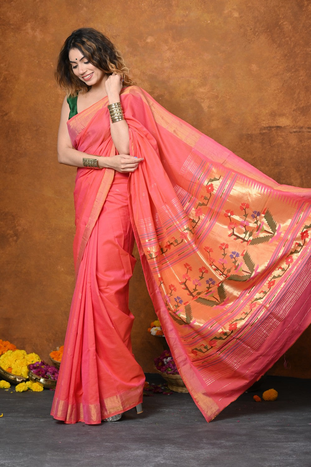 Very Much Indian EXCLUSIVE! Handloom Pure Cotton Paithani With Asawali Pallu - Pink Peach | Grocsy