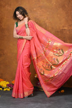 Very Much Indian EXCLUSIVE! Handloom Pure Cotton Paithani With Asawali Pallu - Pink Peach | Grocsy