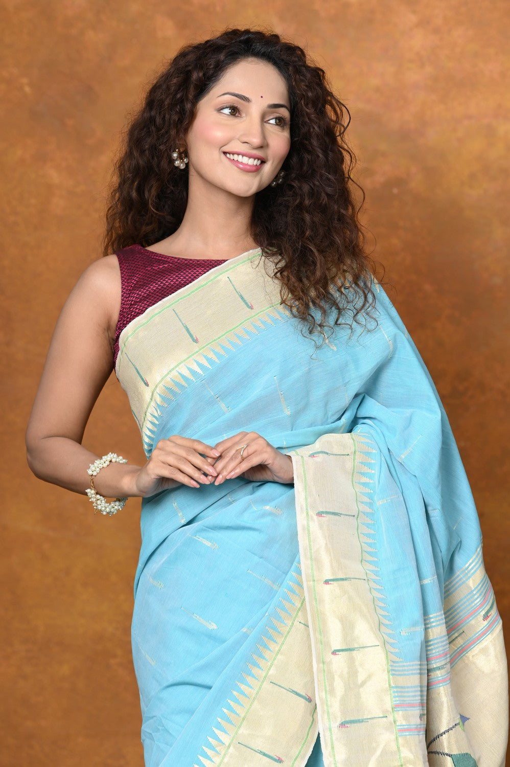Very Much Indian Authentic Handloom Pure Cotton Paithani with Handcrafted Parrot Pallu - Sky Blue | Grocsy