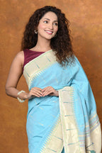 Very Much Indian Authentic Handloom Pure Cotton Paithani with Handcrafted Parrot Pallu - Sky Blue | Grocsy