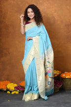 Very Much Indian Authentic Handloom Pure Cotton Paithani with Handcrafted Parrot Pallu - Sky Blue | Grocsy