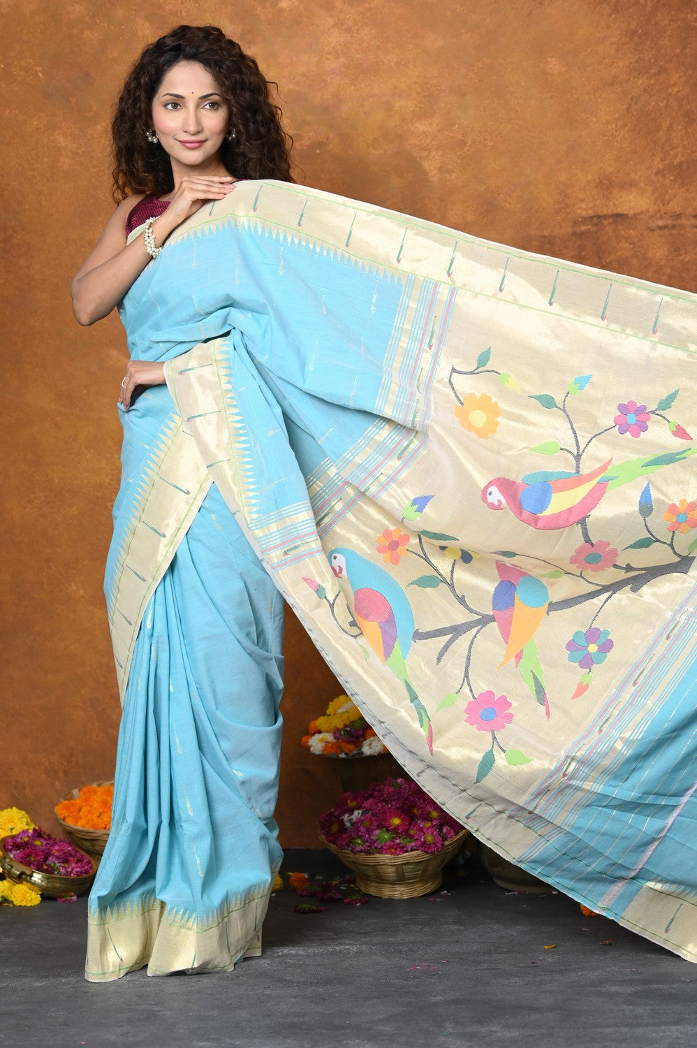 Very Much Indian Authentic Handloom Pure Cotton Paithani with Handcrafted Parrot Pallu - Sky Blue | Grocsy