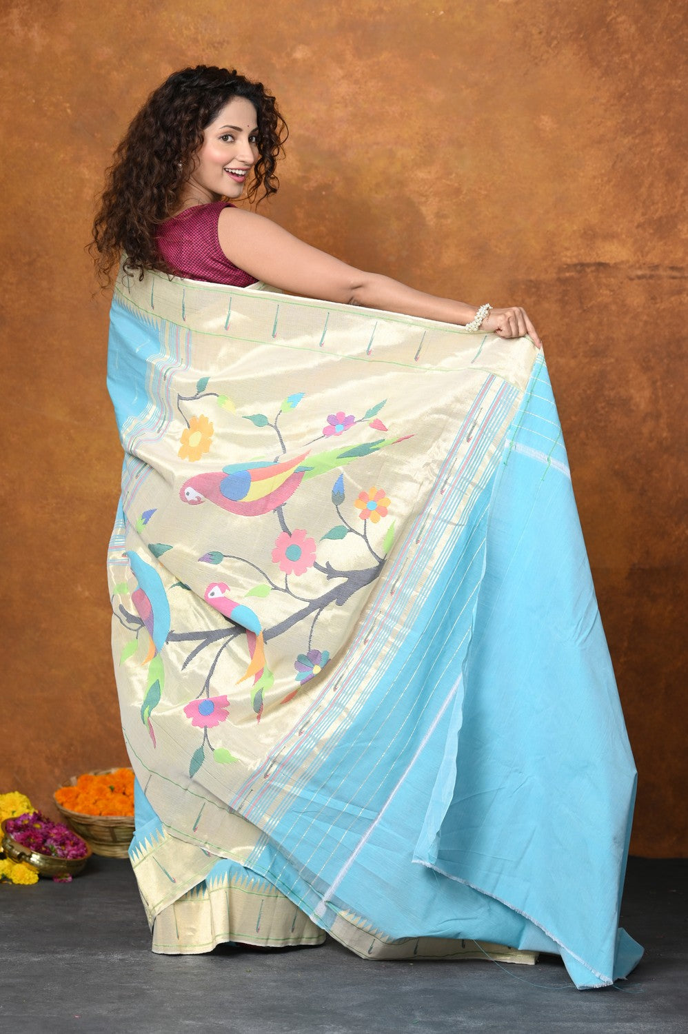 Very Much Indian Authentic Handloom Pure Cotton Paithani with Handcrafted Parrot Pallu - Sky Blue | Grocsy