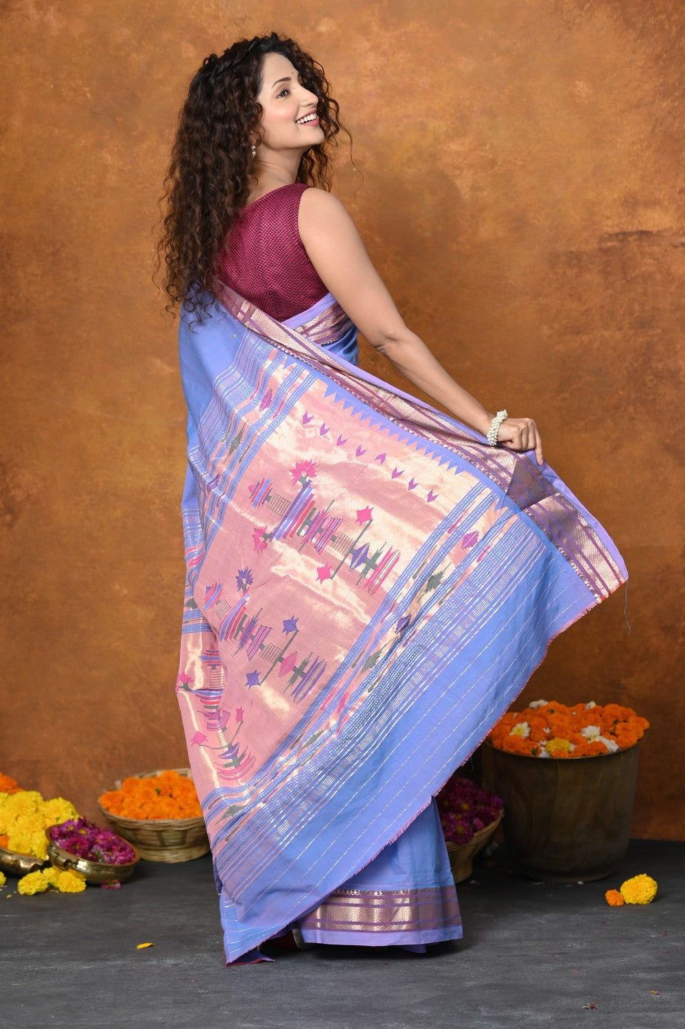 Very Much Indian EXCLUSIVE! Handloom Pure Cotton Paithani With Narayali Border & Most Traditional Double Pallu | Grocsy