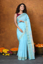 Very Much Indian EXCLUSIVE! Handloom Pure Cotton Paithani With Asawali Pallu - Sky Blue | Grocsy