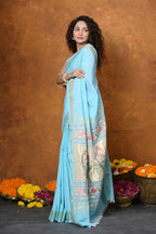 Very Much Indian EXCLUSIVE! Handloom Pure Cotton Paithani With Asawali Pallu - Sky Blue | Grocsy