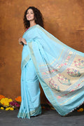 Very Much Indian EXCLUSIVE! Handloom Pure Cotton Paithani With Asawali Pallu - Sky Blue | Grocsy