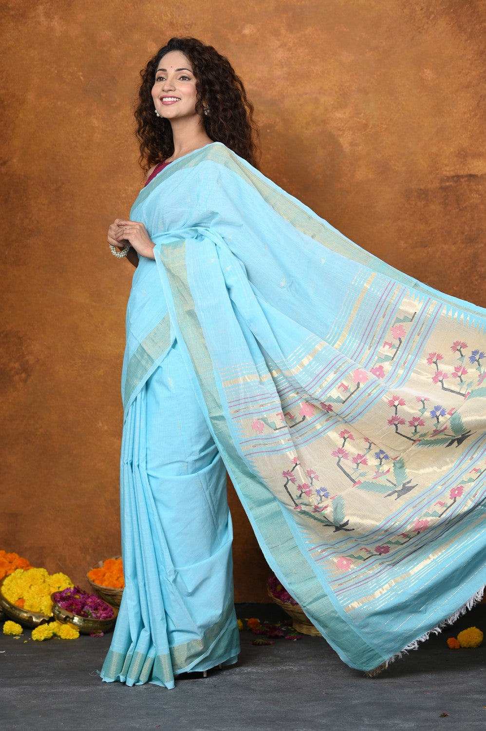 Very Much Indian EXCLUSIVE! Handloom Pure Cotton Paithani With Asawali Pallu - Sky Blue | Grocsy