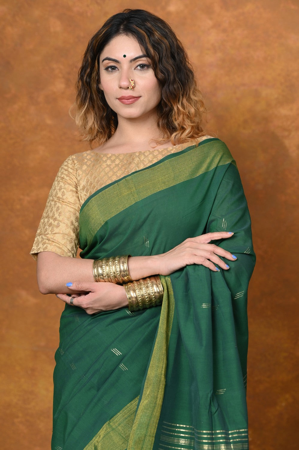 Very Much Indian EXCLUSIVE! Handloom Pure Cotton Paithani With Asawali Pallu - Dark Green | Grocsy