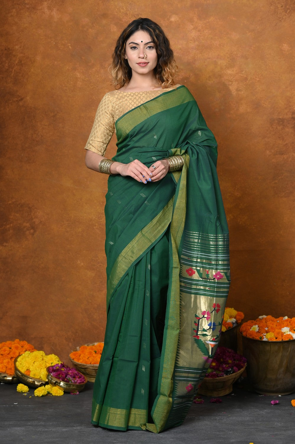 Very Much Indian EXCLUSIVE! Handloom Pure Cotton Paithani With Asawali Pallu - Dark Green | Grocsy