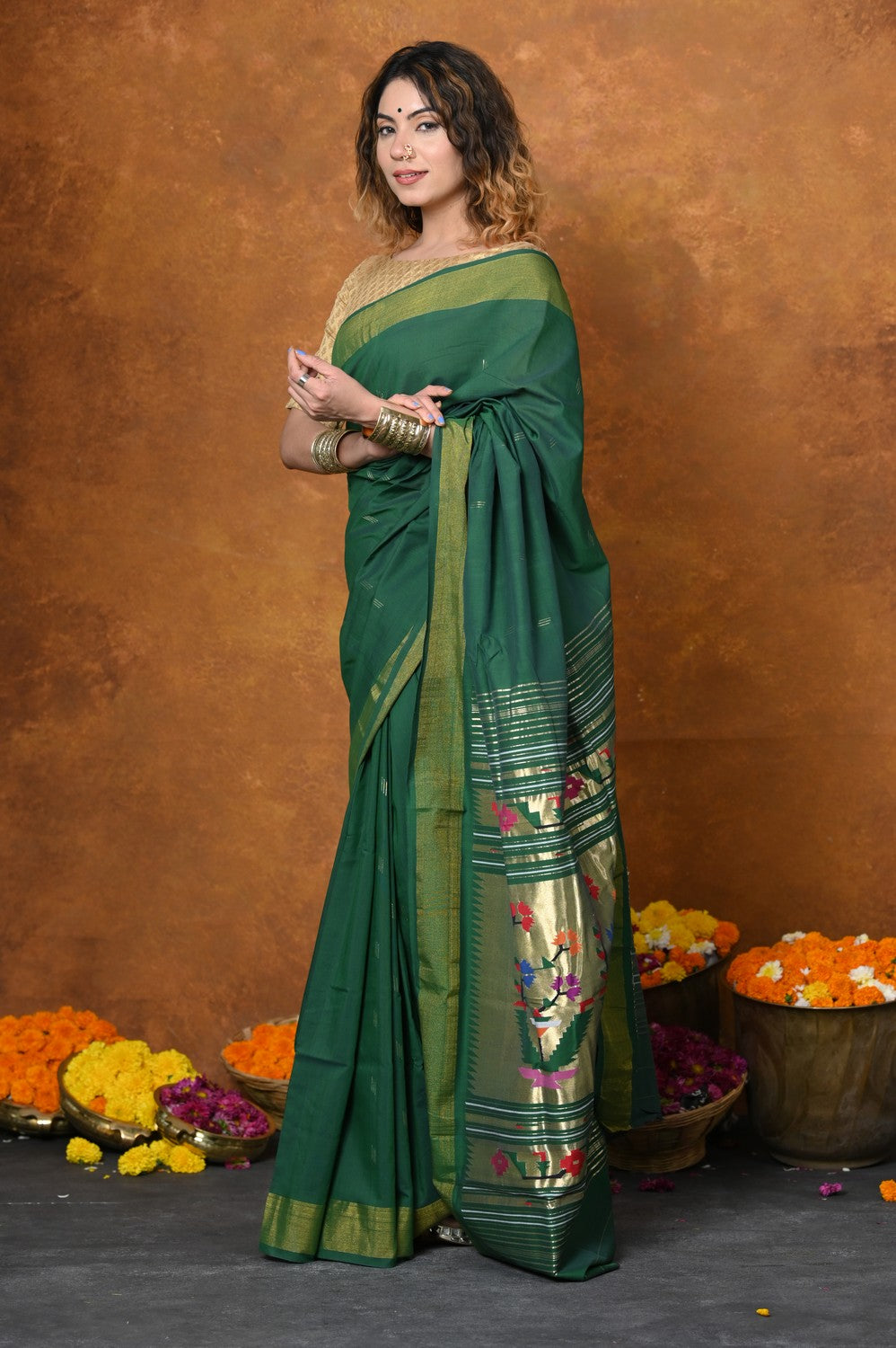 Very Much Indian EXCLUSIVE! Handloom Pure Cotton Paithani With Asawali Pallu - Dark Green | Grocsy
