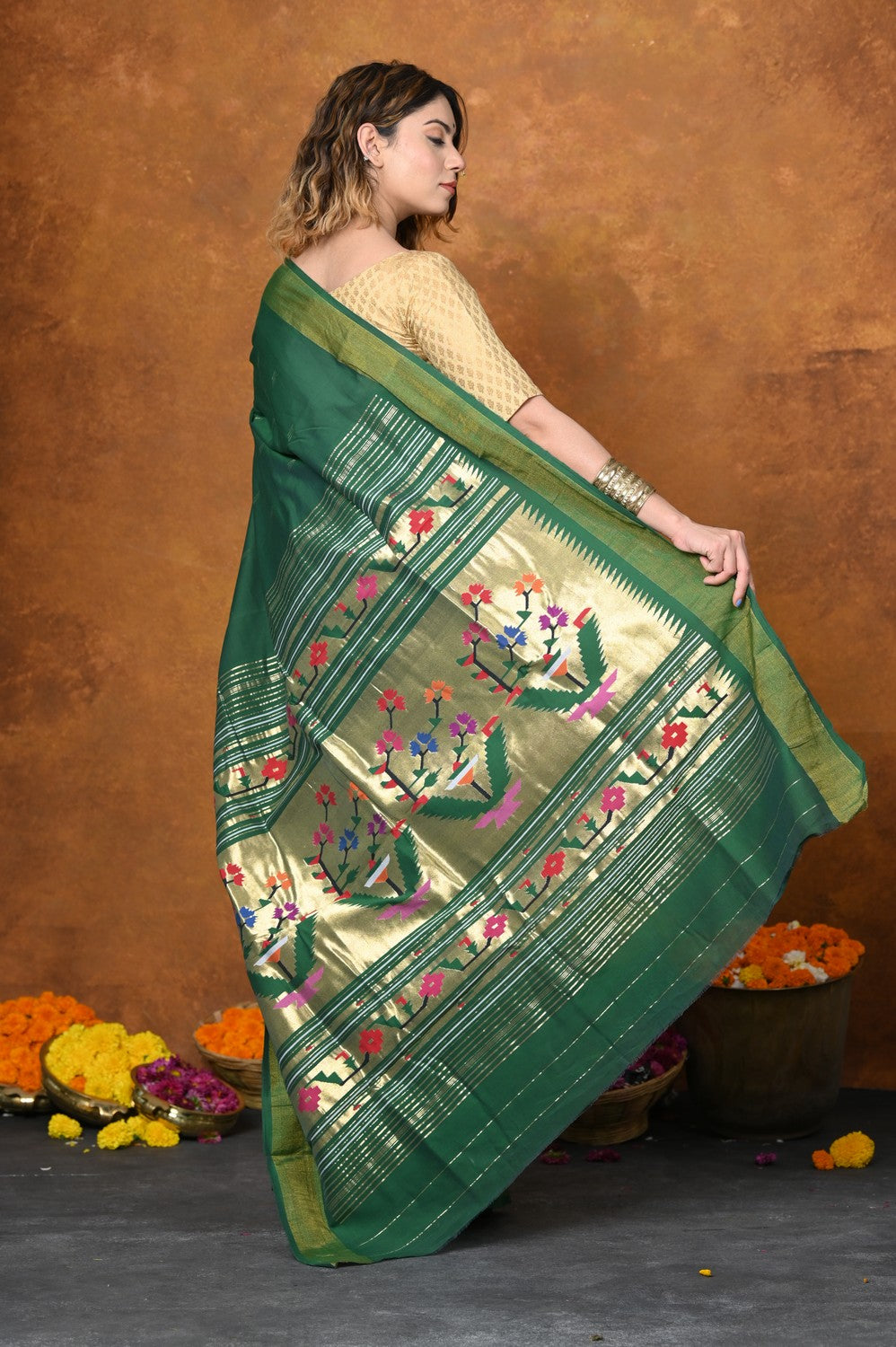 Very Much Indian EXCLUSIVE! Handloom Pure Cotton Paithani With Asawali Pallu - Dark Green | Grocsy