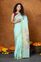Very Much Indian EXCLUSIVE! Handloom Pure Cotton Paithani With Asawali Pallu - Light Blue | Grocsy