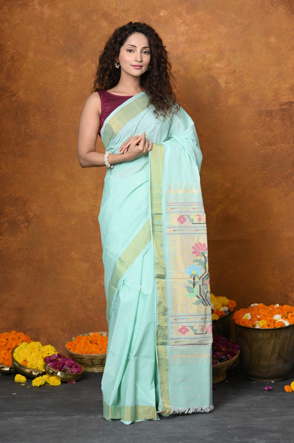 Very Much Indian EXCLUSIVE! Handloom Pure Cotton Paithani With Asawali Pallu - Light Blue | Grocsy