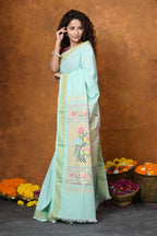 Very Much Indian EXCLUSIVE! Handloom Pure Cotton Paithani With Asawali Pallu - Light Blue | Grocsy