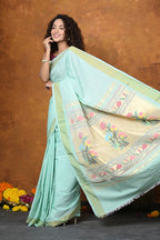 Very Much Indian EXCLUSIVE! Handloom Pure Cotton Paithani With Asawali Pallu - Light Blue | Grocsy